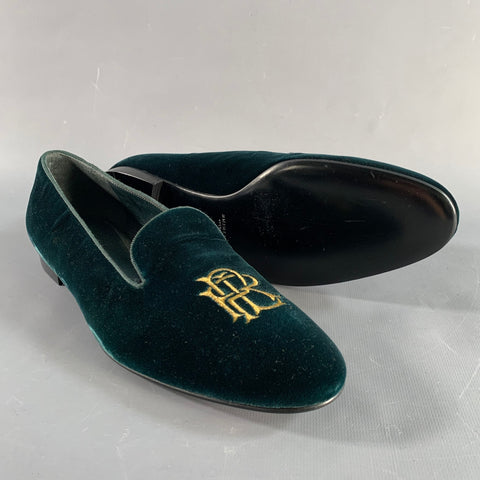RALPH LAUREN Size 8.5 Green Velvet Monogram Slip On Flats