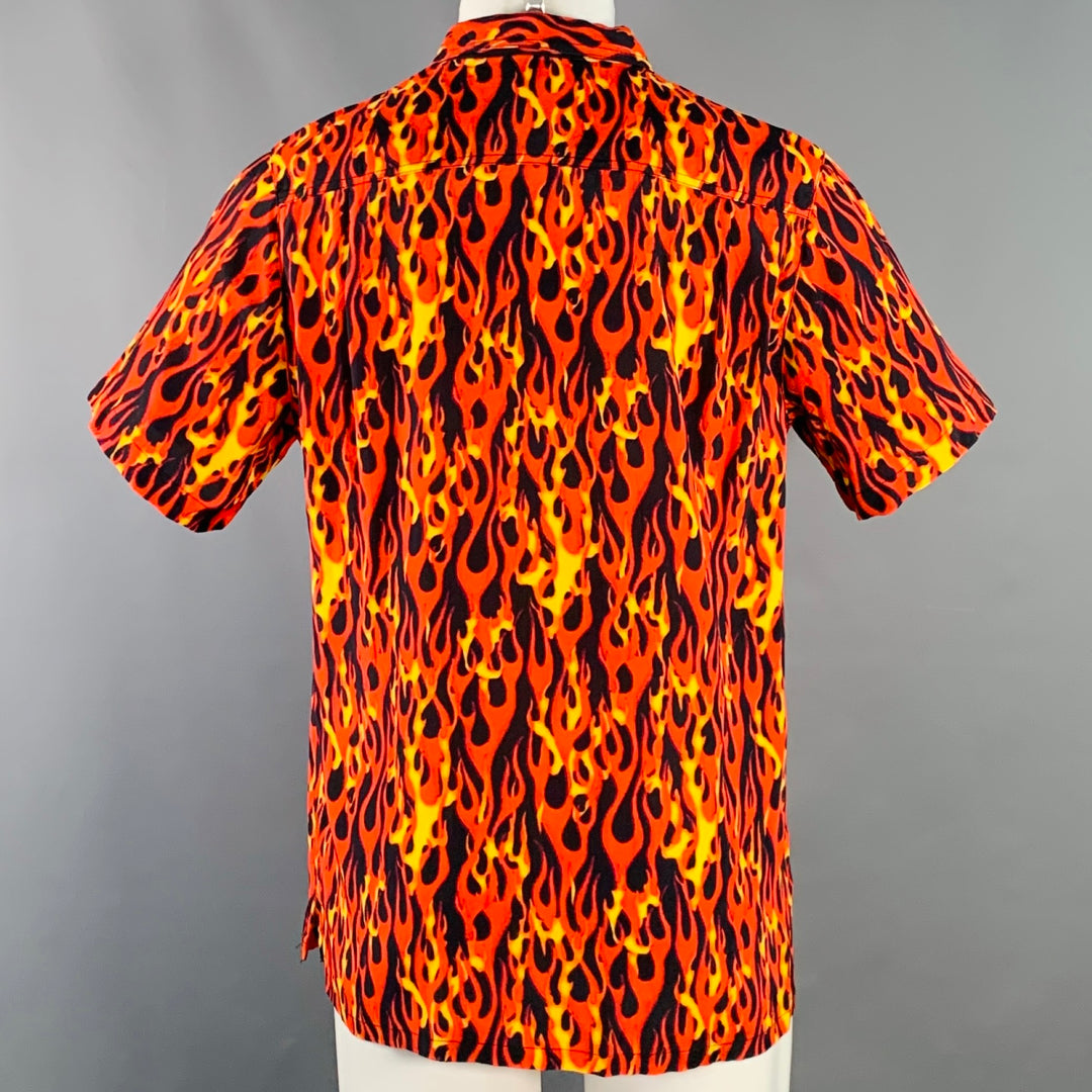 R13 SS20 Size M Orange Yellow Black Flames Viscose One Pocket Short Sleeve Shirt