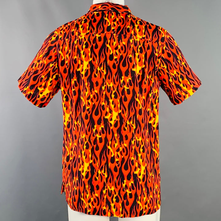 R13 SS20 Size M Orange Yellow Black Flames Viscose One Pocket Short Sleeve Shirt