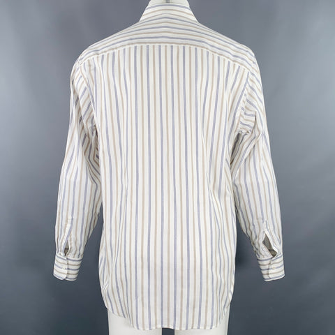 GIORGIO ARMANI Size M Off White Blue Tan Stripe One Pocket Long Sleeve Shirt