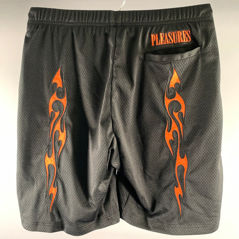 Short athlétique en polyester PLEASURES taille M, noir, motifs flammes orange