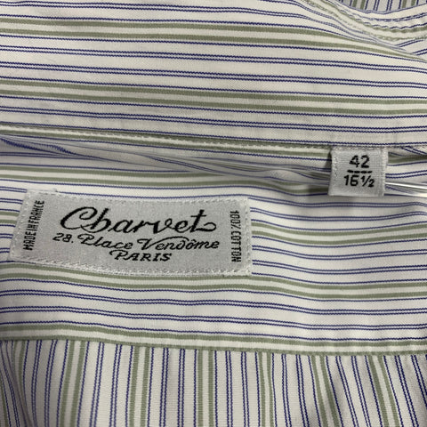 CHARVET Size L White Navy Green Stripe Cotton Curved Cutaway Long Sleeve Shirt