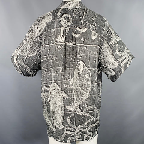 SCHNAYDERMAN'S Size M Grey White Zodiac Print Viscose Silk Short Sleeve Shirt