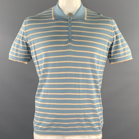 ZEGNA Size L Blue Orange White Stripe Cotton Quarter Zip Polo