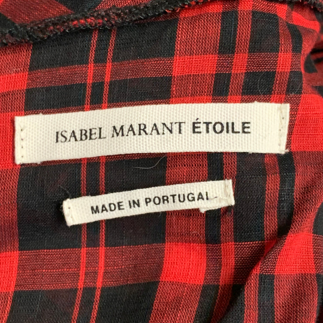 ISABEL MARANT ETOILE Size XS Red Black Cotton Linen Plaid Short Sleeve Ruched Dress