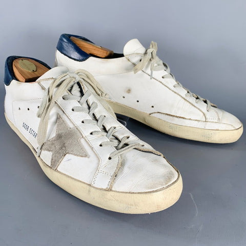 GOLDEN GOOSE SUPERSTAR Size 11 White Grey Navy Color Block Leather Distressed Sneakers