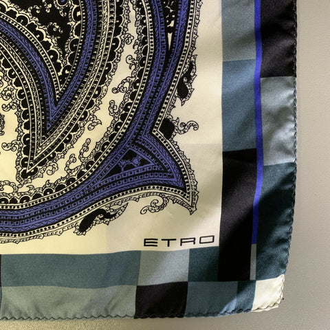 ETRO Black Blue Paisley Silk Pocket Square