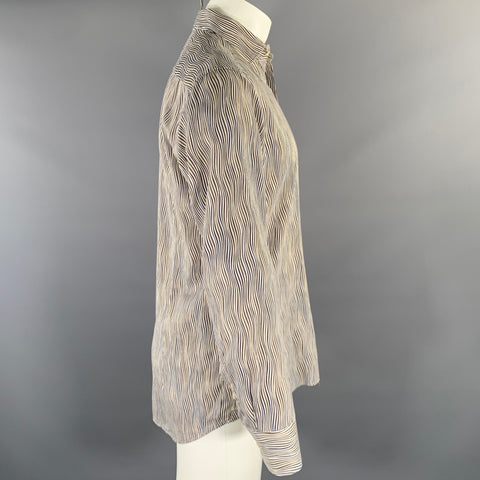 ETRO Size M White Blue Olive Stripe Cotton Long Sleeve Shirt