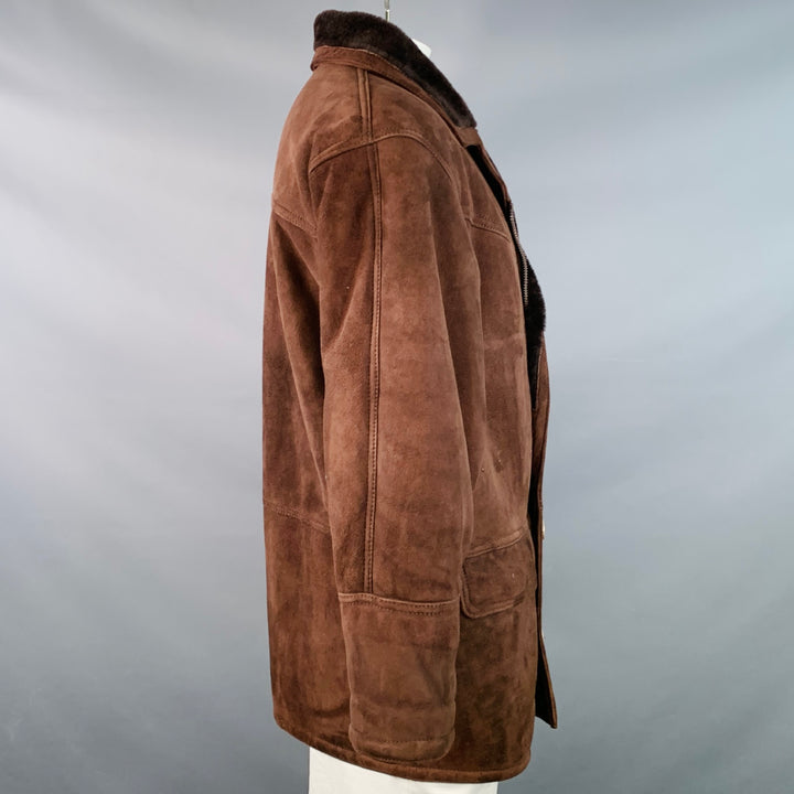 ORVIS Size L Brown Suede Shearling Lined Zip Buttons Coat