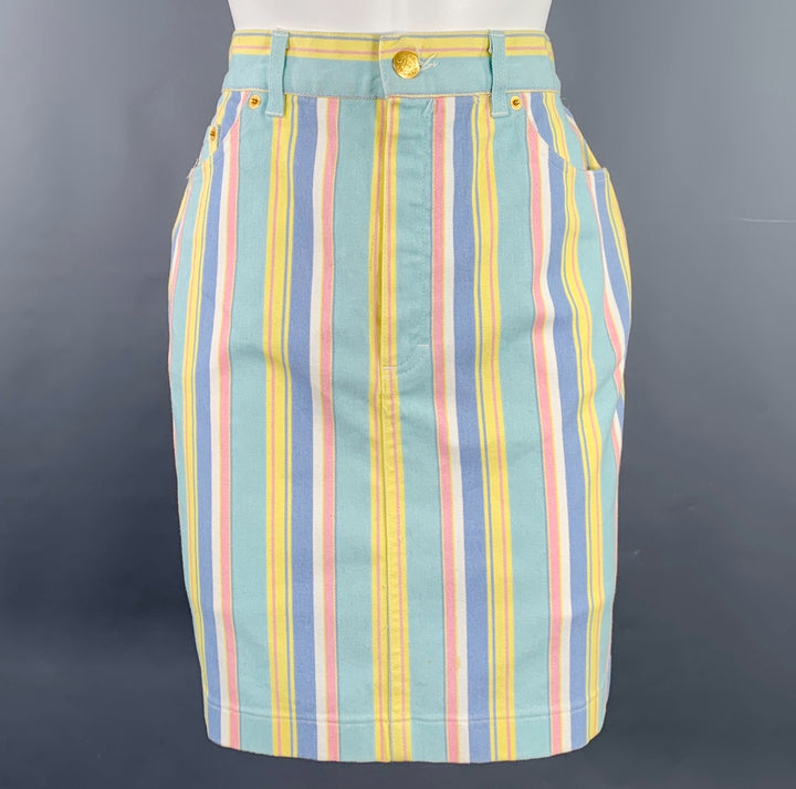 ESCADA Size M Blue Multi Color Cotton Blend Stripe Five Pockets Mini Skirt