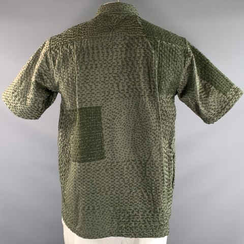 18 EAST Size L Green Embroidery Cotton Pointed Collar Short Sleeve Shirt