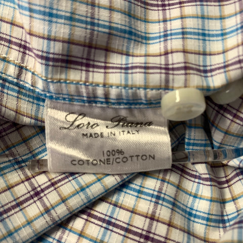 LORO PIANA Size XL White Purple Blue Plaid Cotton Long Sleeve Shirt
