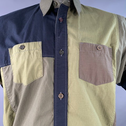 FDMTL Size XL Green Black Cotton Raw Edge Patchwork Short Sleeve Shirt