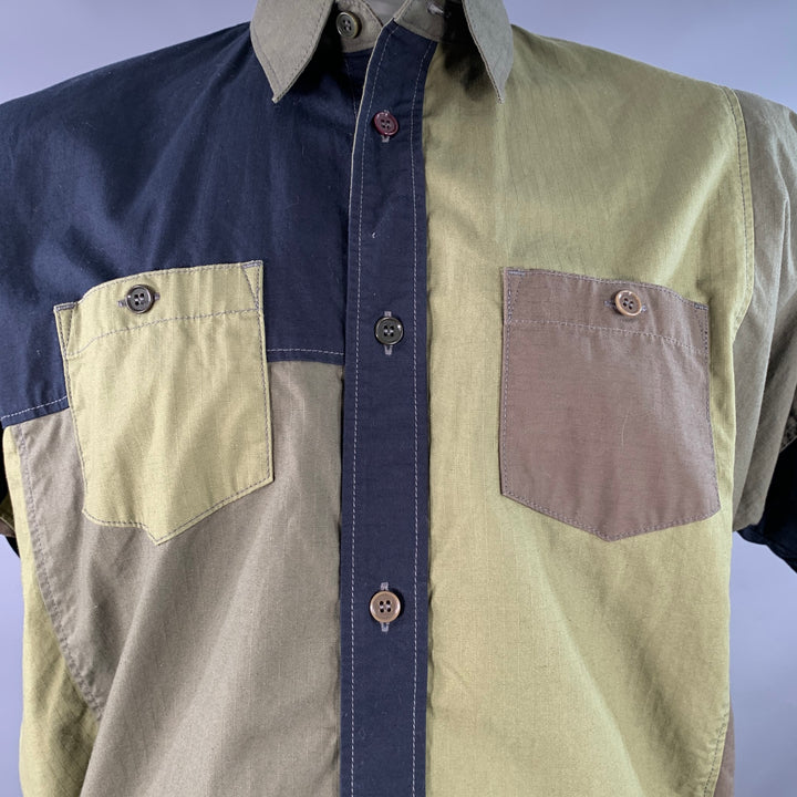 FDMTL Size XL Green Black Cotton Raw Edge Patchwork Short Sleeve Shirt