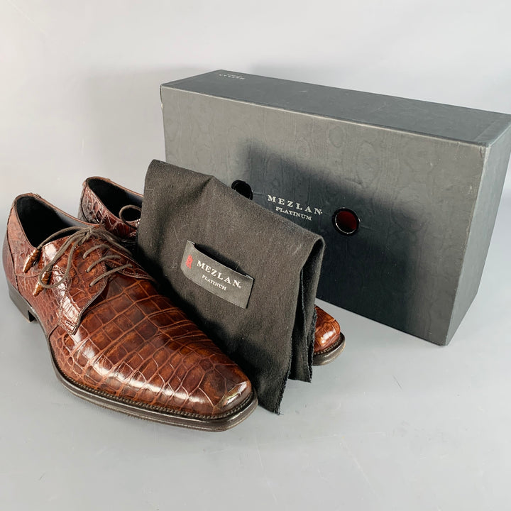 MEZLAN Size 11 Luciano Brown Alligator Leather Derby Lace-Up Shoes