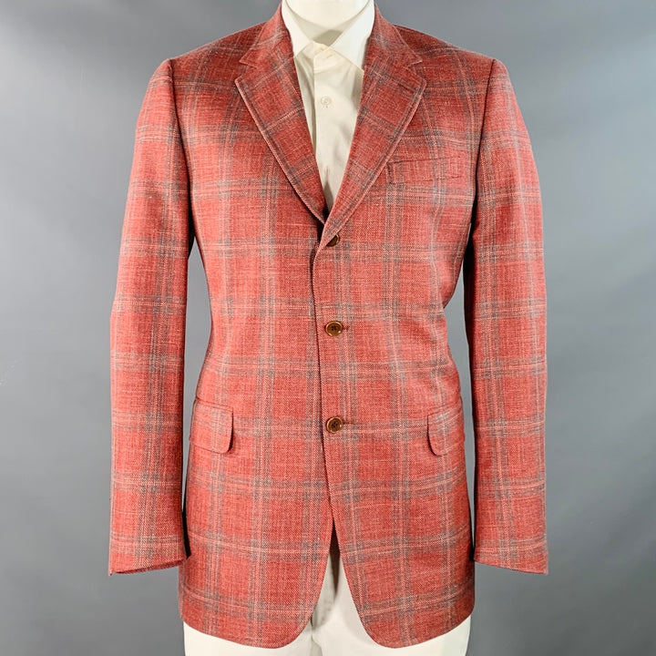 O'CONNELL'S Size 42 Long Blue & Raspberry Plaid Wool Linen Silk Sport Coat