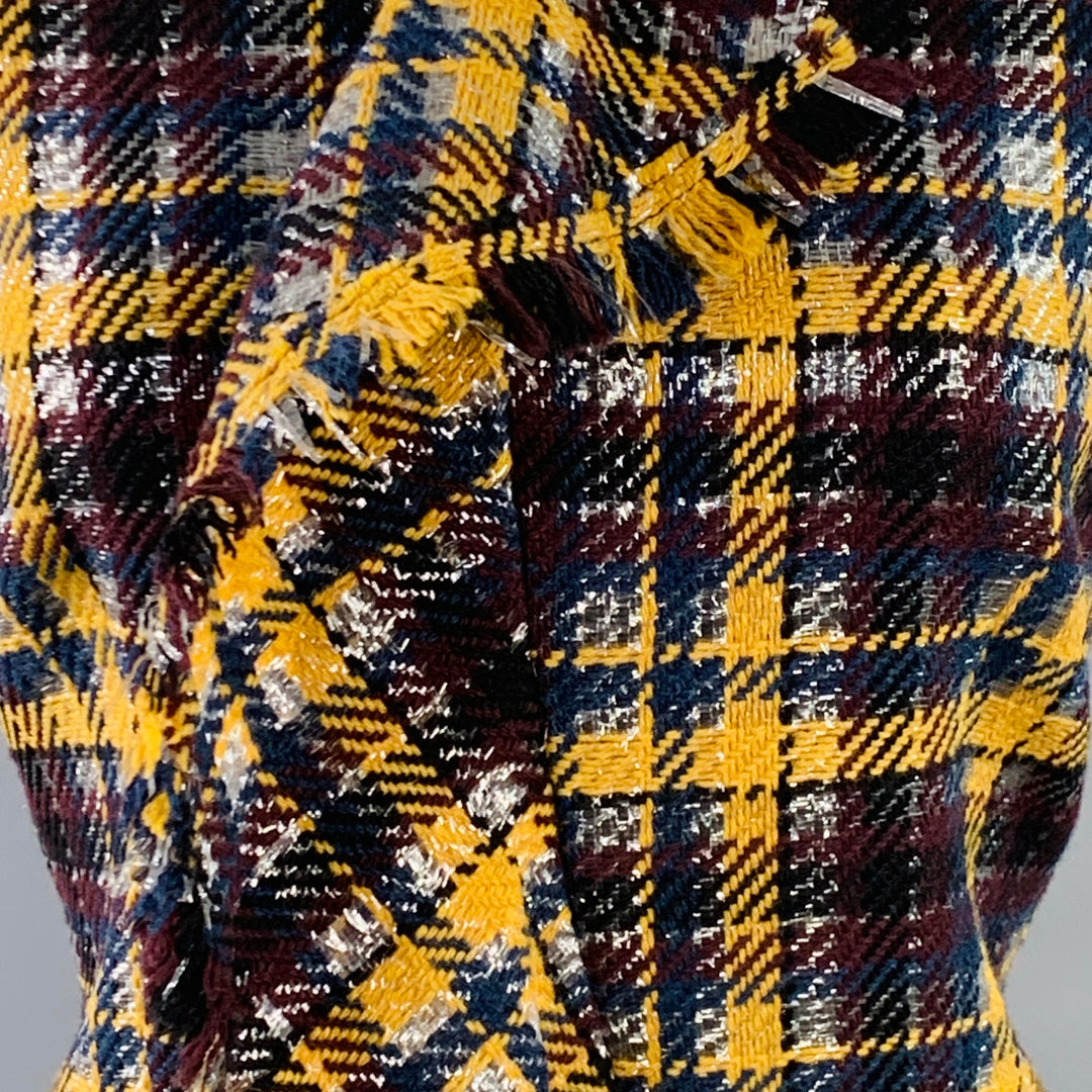 MSGM Size 8 Yellow Black Silver Wool Blend Ruffle Plaid Mini Dress