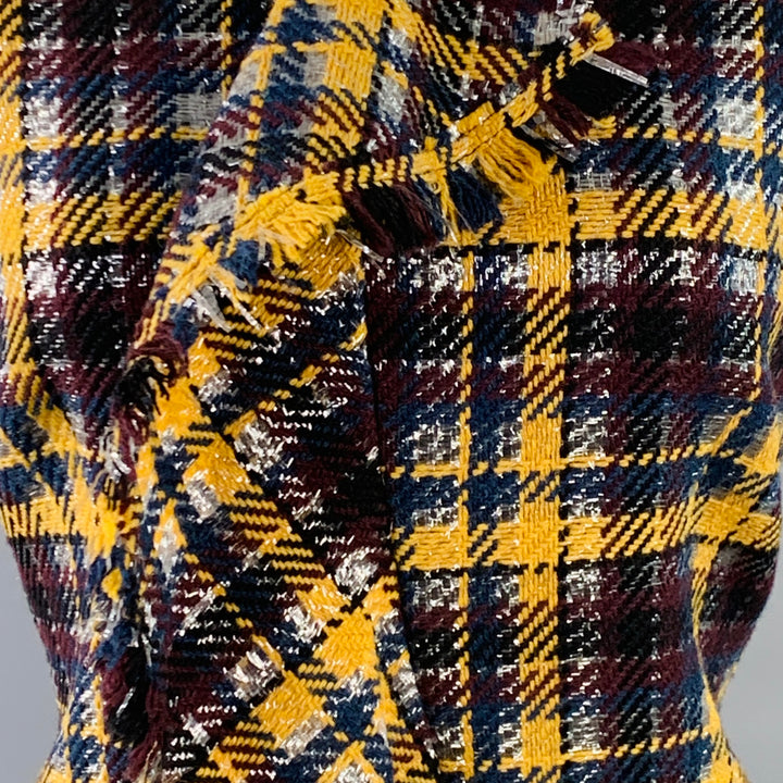 MSGM Size 8 Yellow Black Silver Wool Blend Ruffle Plaid Mini Dress