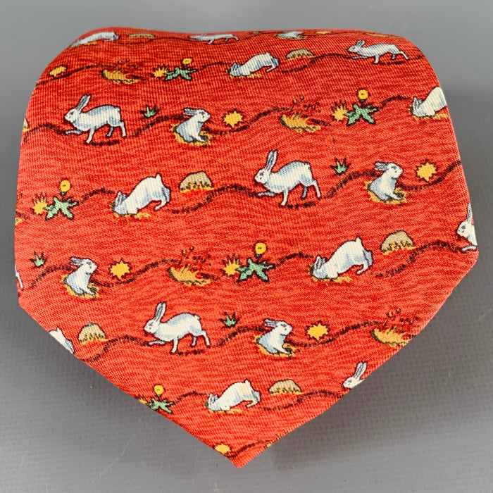 HERMES Red White Rabbits Silk Tie