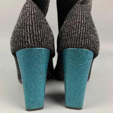 MISSONI Size 7 Black Silver Lurex Knit Contrast Heel Boots