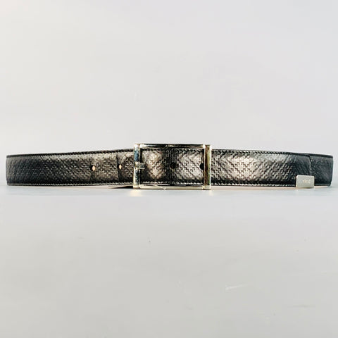 GUCCI Size 38 Black Silver Embossed Geometric Leather Belt