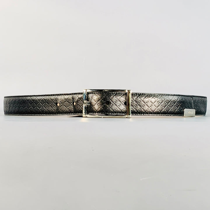 GUCCI Size 38 Black Silver Embossed Geometric Leather Belt