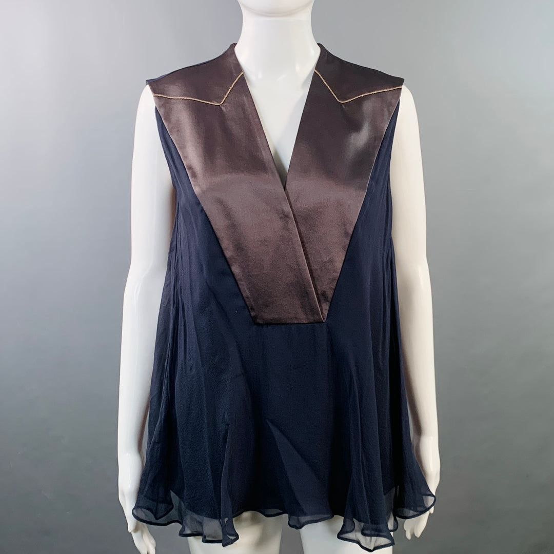 BRUNELLO CUCINELLI Size S Navy Black Chiffon Two Tone Monili Beading V-Neck Blouse