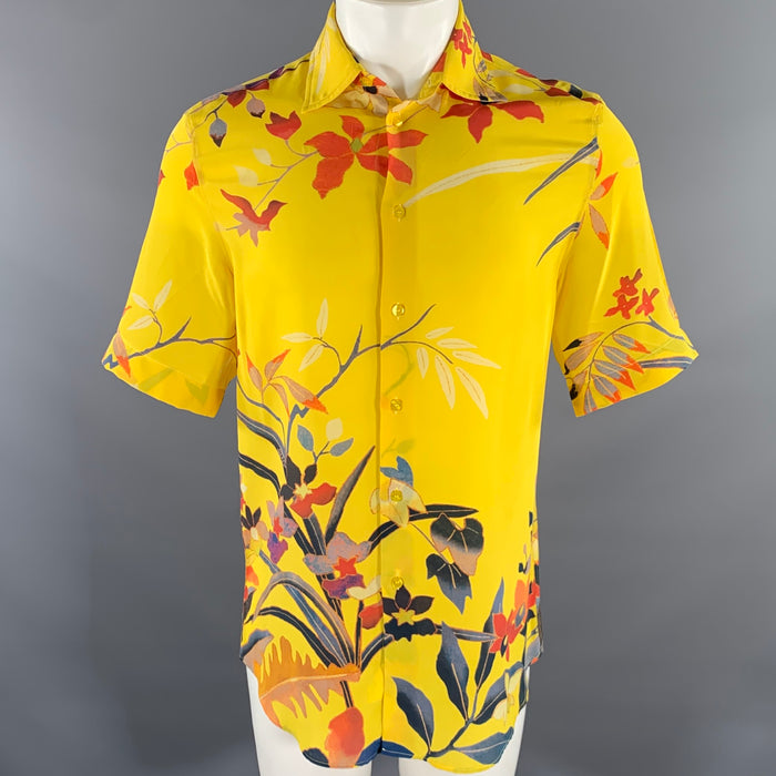 ETRO Size M Yellow Floral Silk Short Sleeve Shirt