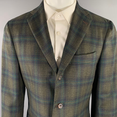 KITON Size 40 Green Charcoal Plaid Cashmere Notch Lapel Sport Coat