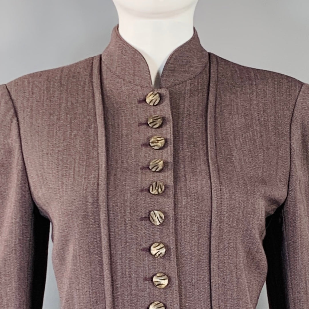 EMANUEL UNGARO Size 6 Purple Brown Wool Twill Mandarin Collar Midi Pencil Skirt Suit