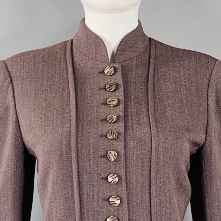 EMANUEL UNGARO Size 6 Purple Brown Wool Twill Mandarin Collar Midi Pencil Skirt Suit