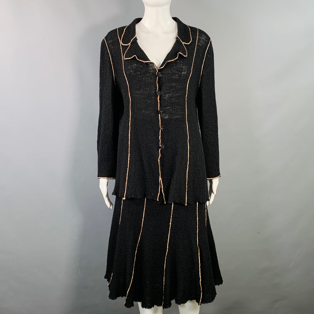 OKW Size S Black Gold Wool Stripe Midi Skirt Suit
