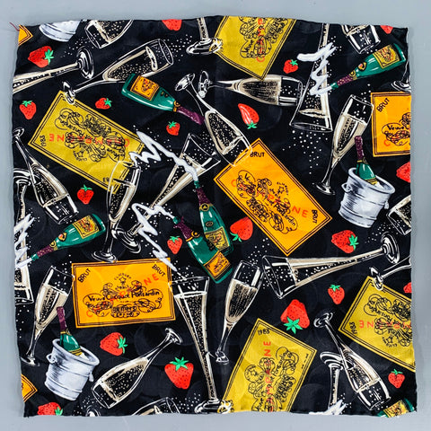 Pochette de costume VINTAGE en soie noire, multicolore, champagne et fraise