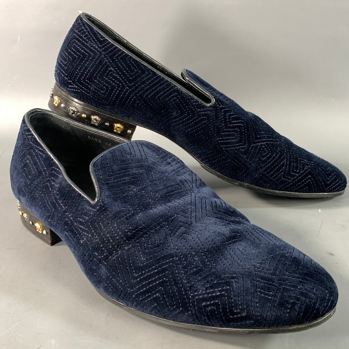 VERSACE Size 11 Navy Black Greca Velvet Loafer Loafers