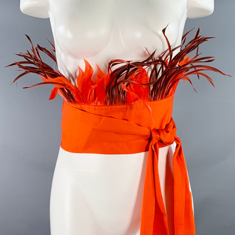 SARA ROKA Size M Red Orange Feather Cotton Blend Grosgrain Sash Belt
