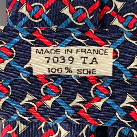 HERMES Navy Red Blue Woven Musical Horns Silk Tie