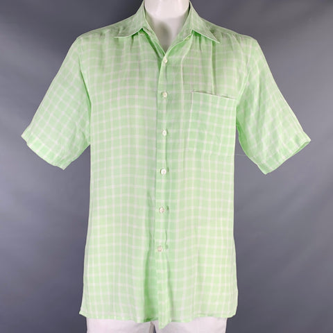 ERMENEGILDO ZEGNA Size L Green White Plaid Linen Button Up Short Sleeve Shirt