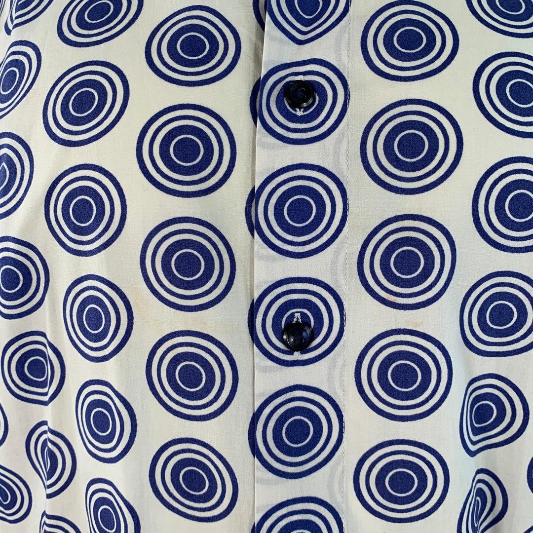 HUGO BOSS Size XL Blue White Circles Cotton Pointed Collar Short Sleeve Shirt