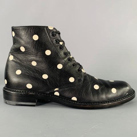 SAINT LAURENT Size 7.5 Black White Leather Polka Dot Ankle Boots