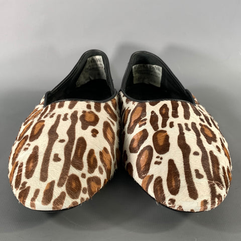 HAIDER ACKERMANN SS2020 Size 9 White Brown Leopard  Print Pony Hair Slip On Loafers