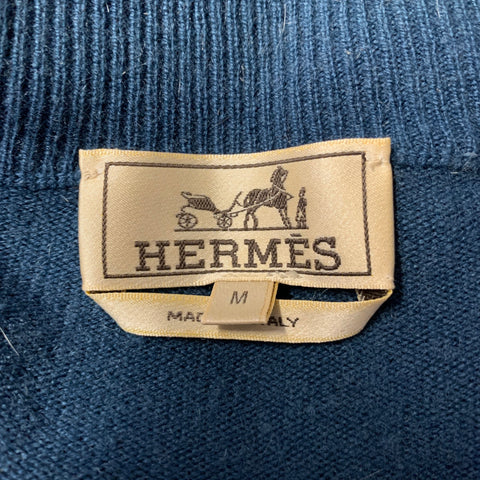 HERMES Size M Blue Ribbed Cashmere Quarter Zip Sweater