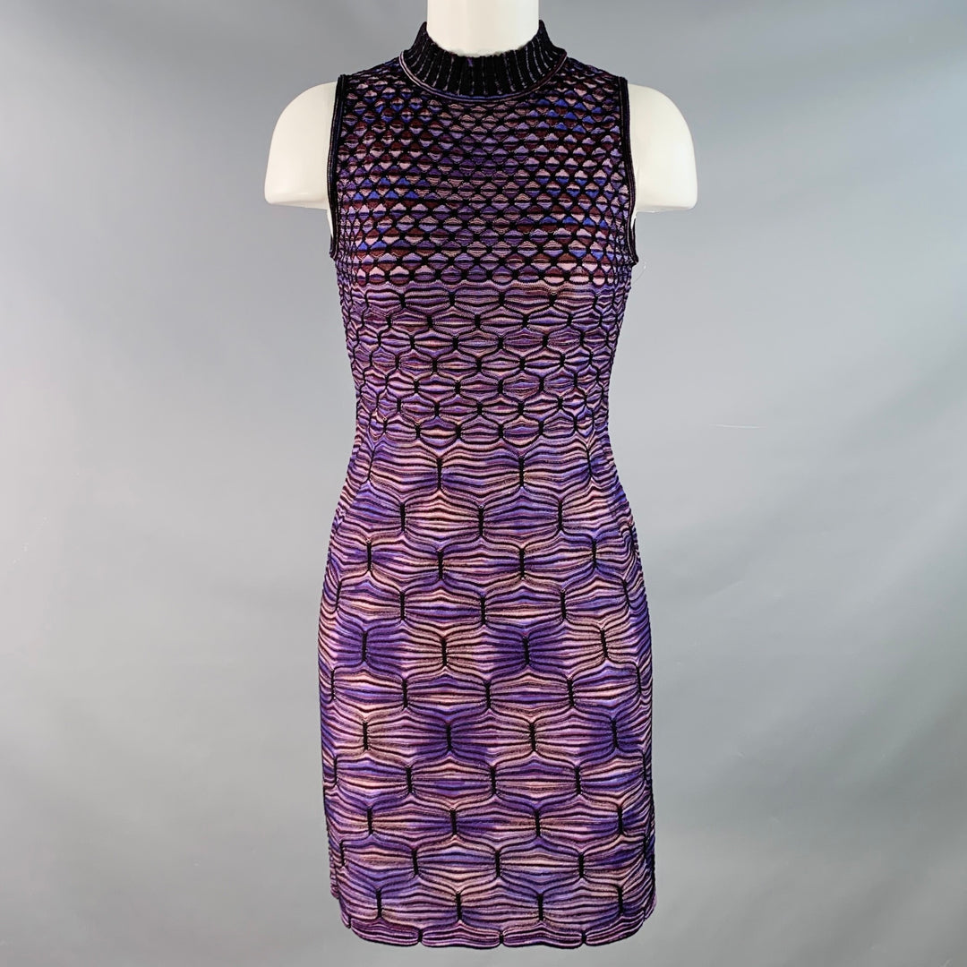 MISSONI Size 2 Purple Wool Blend Geometric High Neck Midi Dress