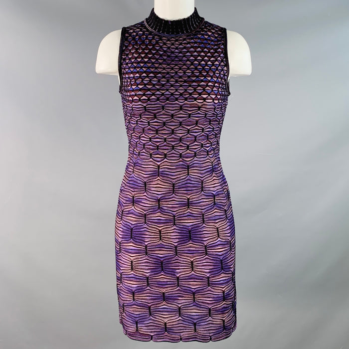 MISSONI Size 2 Purple Wool Blend Geometric High Neck Midi Dress