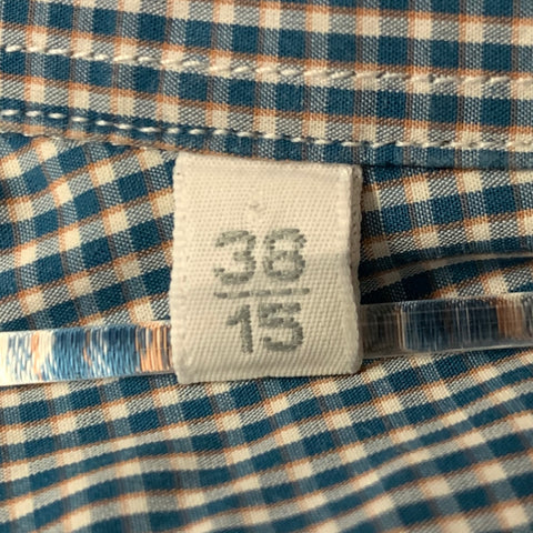 LANVIN Size S White Teal Gingham Cotton Point Collar Long Sleeve Shirt