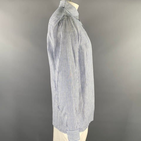MAHARAJA'S Size XL Blue White Stripe Linen Pointed Collar Long Sleeve Shirt