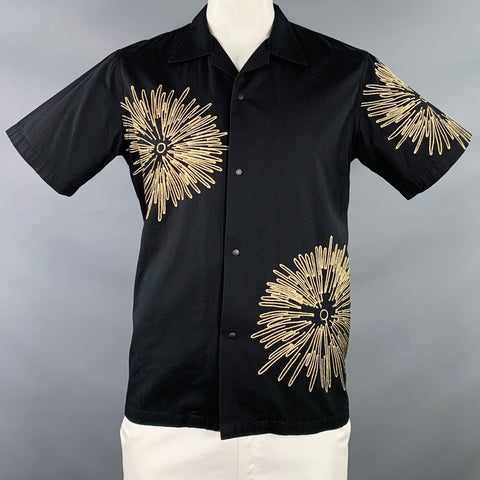 SASQUATCHfabrix Size XL Black Gold Embroidery Cotton Linen Short Sleeve Shirt