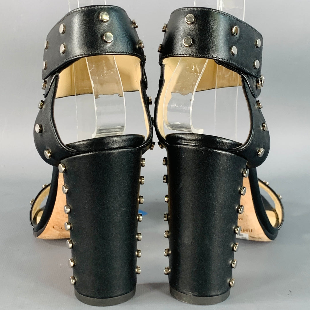 JIMMY CHOO Size 7 Black Leather Studded Snaps Sandals