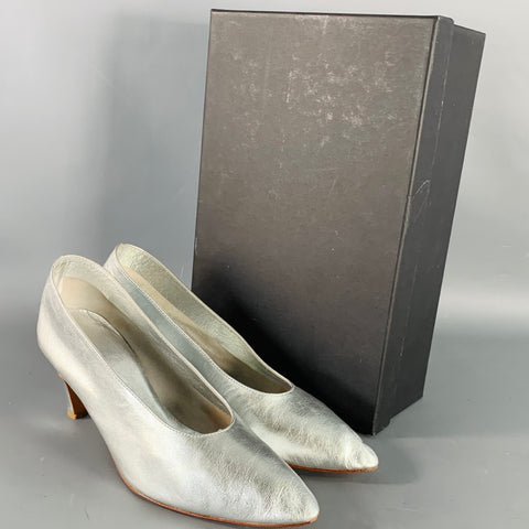 MARTINIANO Size 7.5 Metallic Silver Kidskin Leather Pointed Toe Pumps