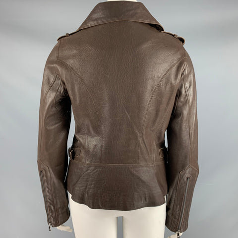 ANDREW MARC Chaqueta con broches y cremallera de cuero marrón cacao talla L