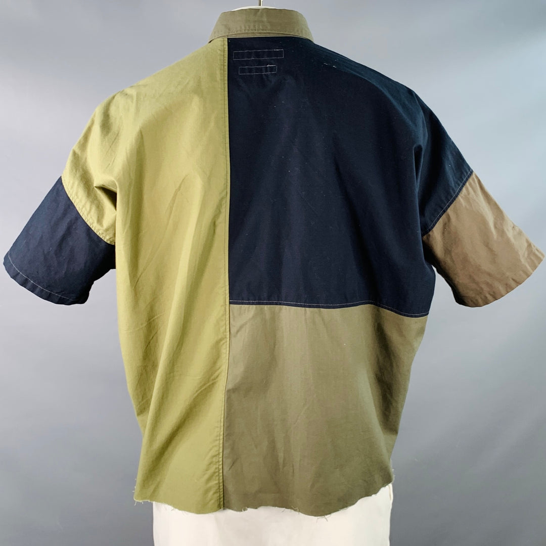 FDMTL Size XL Green Black Cotton Raw Edge Patchwork Short Sleeve Shirt